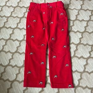 Red corduroys with embroidered truck and Christmas tree